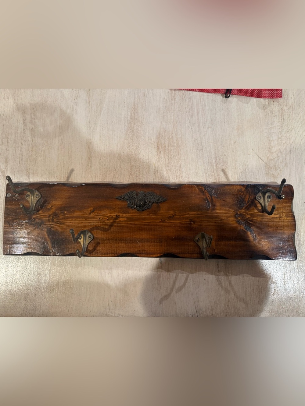 Vintage Wood Wall Hook Coat Rack in with Antique Brass and Eagle Accents
